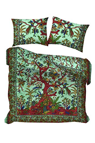 Traditional Jaipur Funda nórdica Jungle Tree of Life tamaño Queen/Twin, Doona Cotton Throw, Bohemian Doona Cover, edredón Boho Edredón Juego de edredón con 2 Almohadas (Queen Size: 88x95 Inches)