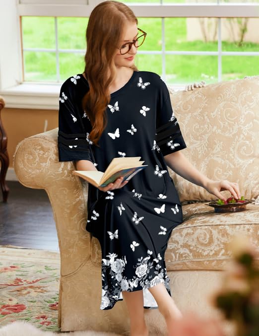 Image of Ekouaer Long Nightgown, Womens V Neck Loungewear Oversized Sleepwear Loose Sleep Dress S-4XL