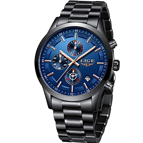 LIGE Herren Uhren Wasserdicht Edelstahl Analog Quarz Militär Sport Chronograph Kalender Armbanduhr Männer