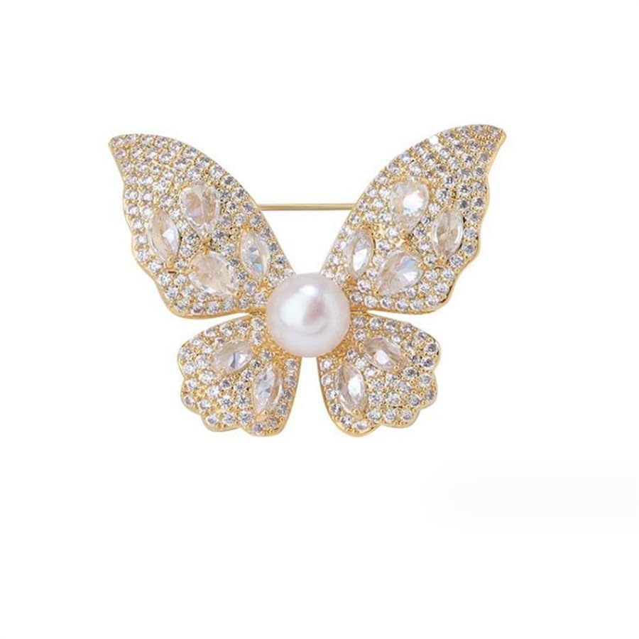 Image of Butterfly Crystal Rhinestone Brooch Pin for Women Colorful Glitter Pearl Bead Lapel Pins Hats Clothes Dress Accessories Jewelry