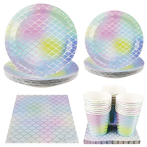 Cieovo Mermaid Party Supplies Set for 24 Guests Including Dinner Plates Dessert Plates Lunch Napkins Cups for Under the Sea