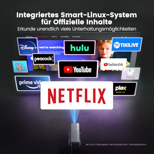 Mini Beamer 4K [Netflix Official|Dolby Audio] 600ANSI Smart Beamer Heimkino Full HD 1080P Auto Fokus Auto Vertikale Trapezkorrektur 360° Drehbar WiFi6 Bluetooth Kurzdistanz Projektor für Home Outdoor