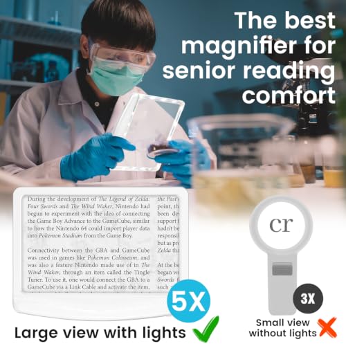 Image of Rechargeable 5X Magnifying Glass for Reading, Large Bright Full Page Magnifier with Light, Handheld LED Dimmable Lighted, Lightweight Book Magnifier for Reading Small Prints Seniors - White