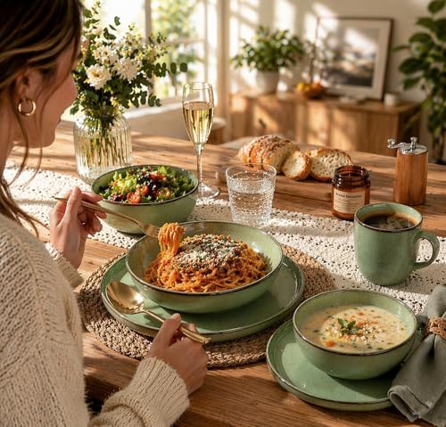 Image of GBHOME 24 Pieces Double Bowls Dinnerware Sets for 6, Stoneware Plates and Bowls Set with Reactive Glaze, Scratch Resistant Stoneware Dishes Set, Dishwasher & Microwave Safe