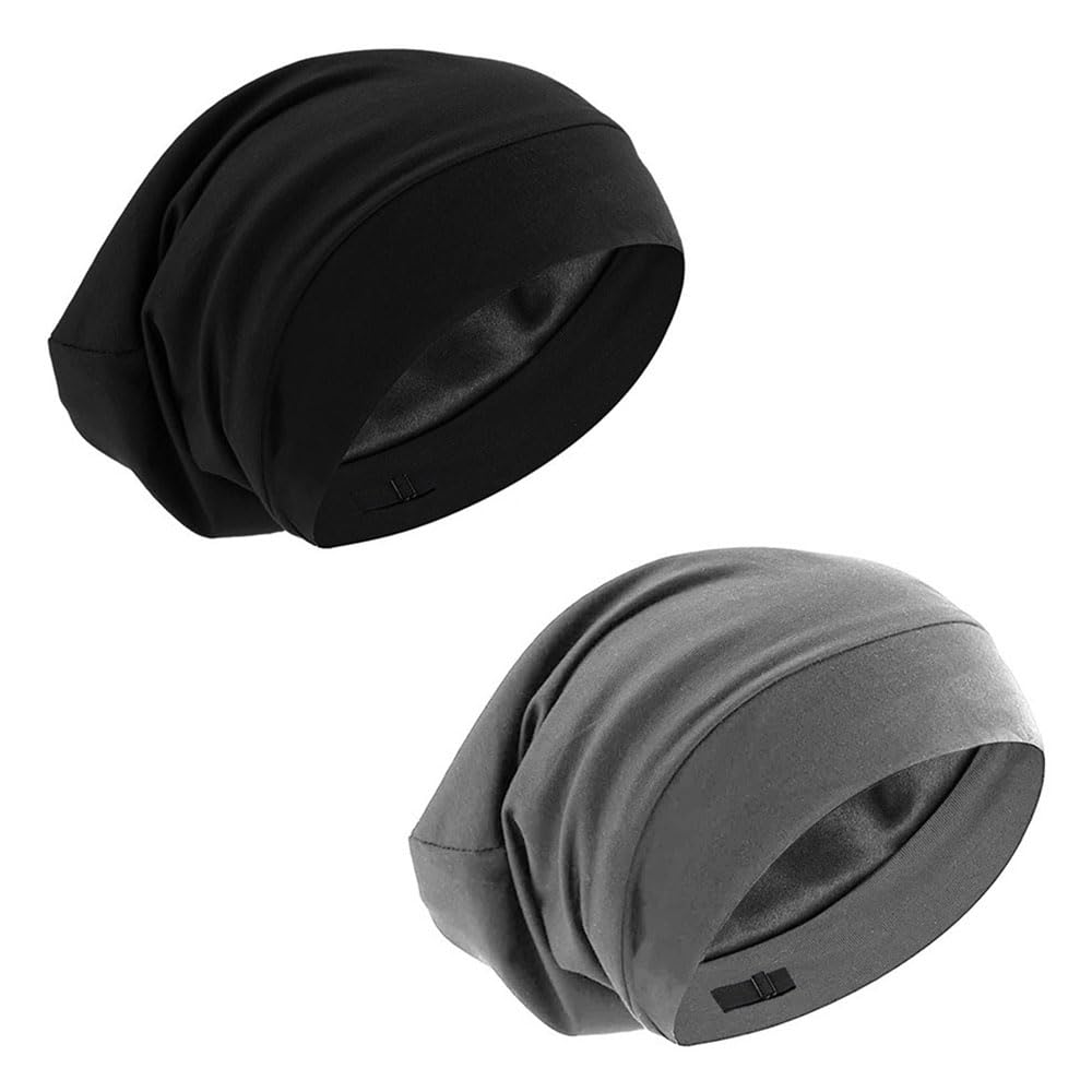JZS Satin Lined Bonnet Sleep Cap, Adjustable Stay on All Night Hair Wrap Cover Slouchy Beanie for Curly Hair Protection for Women and Men Set of 2 (Black+Grey)