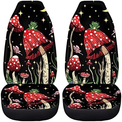 FUIBENG Frog Mushroom Car Seat Cover Set 2 Piece Set Moon Stars Butterfly Mushroom Auto Seat Covers Only Front Universal Vehicle Bucket Seats Cushion Protection Accessory for Women Men