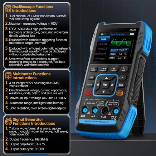 DEWIN Oszilloskop Multimeter, 2C23T Multifunktional 3-in-1 Oszilloskop Multimeter Signalgenerator Oscilloscope 2 Channel 10 MHz Bandbreite 50 MSa/s Abtastrate