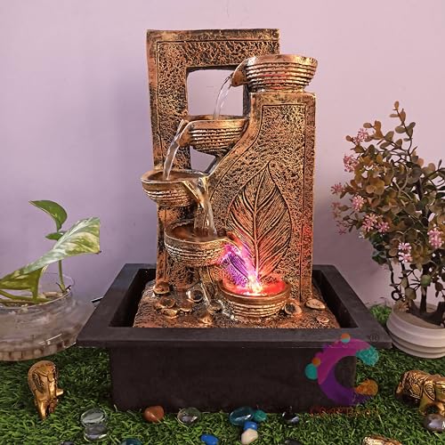 Image of Decorative Water Fountain for Home Decor, Office, Indoor & Outdoor, Garden, Puja Room, Vaastu, Reception, Spa, Gifting. (Golden Leaf Diya)