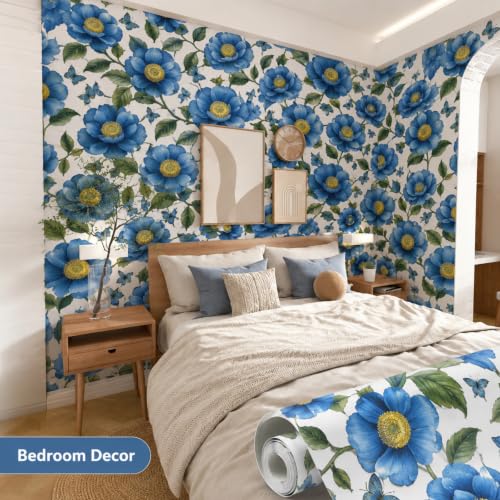 Image of Blue Floral Botanical Peel and Stick Wallpaper - Vintage Flower & Butterfly Self Adhesive Wallpaper Roll for Bedroom, Living Room, Kitchen, Furniture, Cabinets & Home Decor