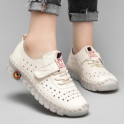 Image of Women's Hollow Beef Tendon Soft Bottom Slip-on Flat Loafers,Fashion Hand Sewing Non-Slip Oxford Breathable Orthotic 4D Pain Relief Comfy Walk Casual Shoes
