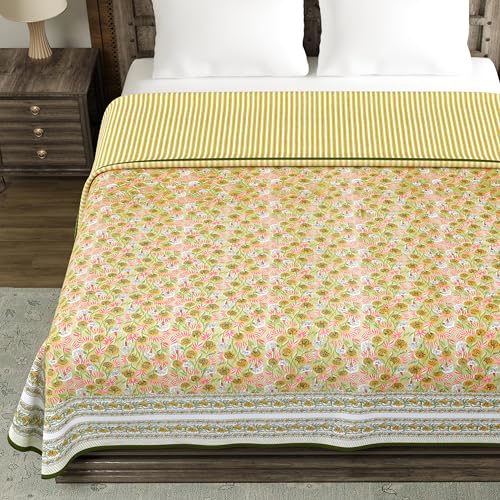 Image of BLOCKS OF INDIA 100% Cotton Dohar King Size Reversible Hand Block Printed Malmal Summer Dohar /Blanket (Green GAD BUTI)