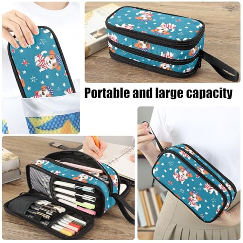 Image of Fustylead Patriotic Jack Russell Terrier and Stars Large Pencil Case Portable Stationery Bag Cosmetics Bag with Handle for School Office Travel