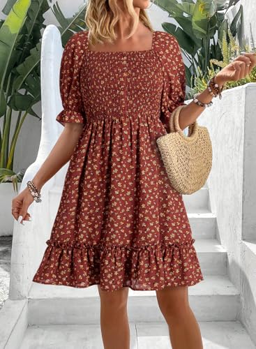 Dokotoo Womens Casual Summer Dresses Short Sleeve Square Neck Smocked Boho Floral Sundress Flowy A-Line Mini Dress2