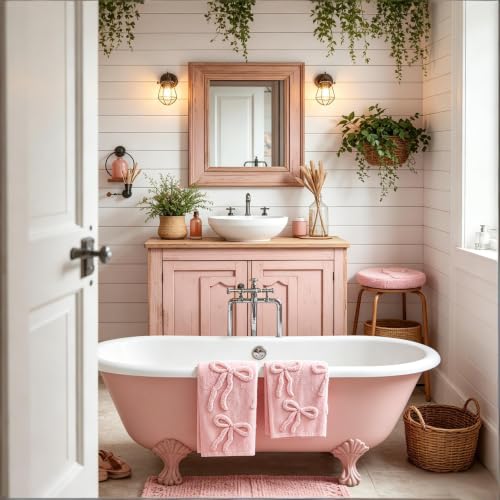 yuboo Pink Bow Hand Towel Set of 1, Cute Tufted Decorative Towels for Bathroom & Kitchen, Coquette Preppy Decor for Teen Girls, College Dorm, 14"x29" — view 4