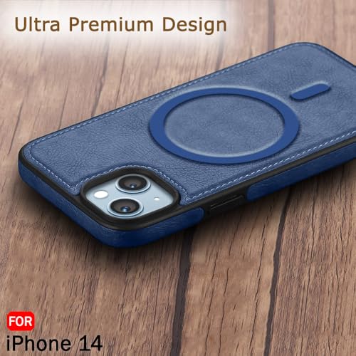 Image of TheGiftKart Genuine Leather Finish Back Cover Case for iPhone 14 | Shockproof Design | Raised Edges for Camera & Screen Protection | Stunning Minimalist Design Case Cover (MagSafe Compatible, Blue)