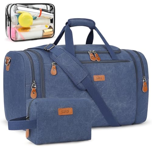 Image of Canvas Mens Duffle Bag for Travel - Expandable 50L Weekender Bags with Toiletry Bag, Overnight Bag Travel Duffel Carry On Luggage with Removable Shoulder Strap, Durable & Water-Resistant