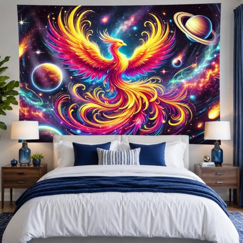 Image of BlissYard Phoenix Blacklight Tapestry 78x59 Inch Rainbow Rising UV Reactive Wall Hanging Cosmic Galaxy Scene Glow in Dark Backdrop Luminous Blacklight Tapestry Psychedelic Art