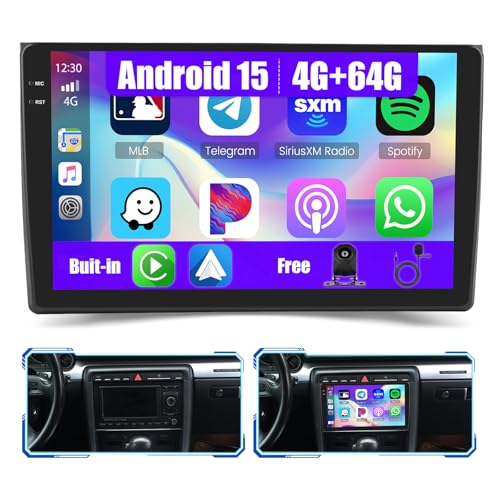 5Ghz WiFi 4G+64G Android 15 Radio for Audi A4 S4 RS4 2002-2008 Car Stereo with Wireless Carplay/Android Auto, 9 Inch HD Touchscreen with GPS Bluetooth FM/RDS EQ SWC AHD Backup Camera MIC