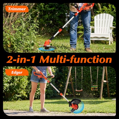 Image of 20V Electric Weed Wacker Cordless Edger Lawn Tool 2 X 2.0Ah Battery Powered Weed Eater and Charger, 12 inch Lightweight String Trimmer, Auto Line Feed Grass Cutter Lawn Mower Small Yard Garden Tangerine