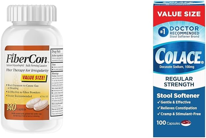 Fibercon Fiber Therapy Coated Caplets, Safe, Simple & Comfortable Insoluble Fiber & Colace Regular Strength Stool Softener 100 mg Capsules 100 Count Docusate Sodium Stimulant-Free