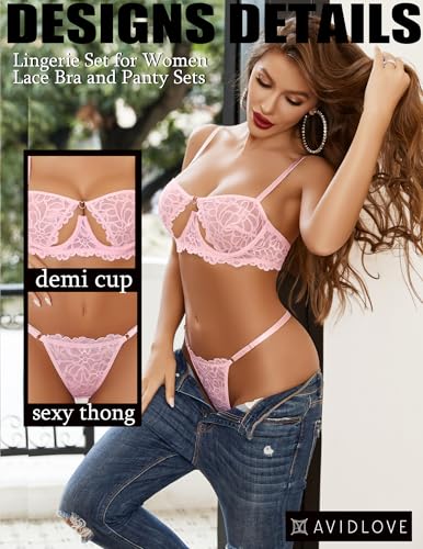 Image of Avidlove Lingerie for Women Sexy Lace Bra and Panty Set Underwire Push Up Lingerie Sets Demi Half Cup