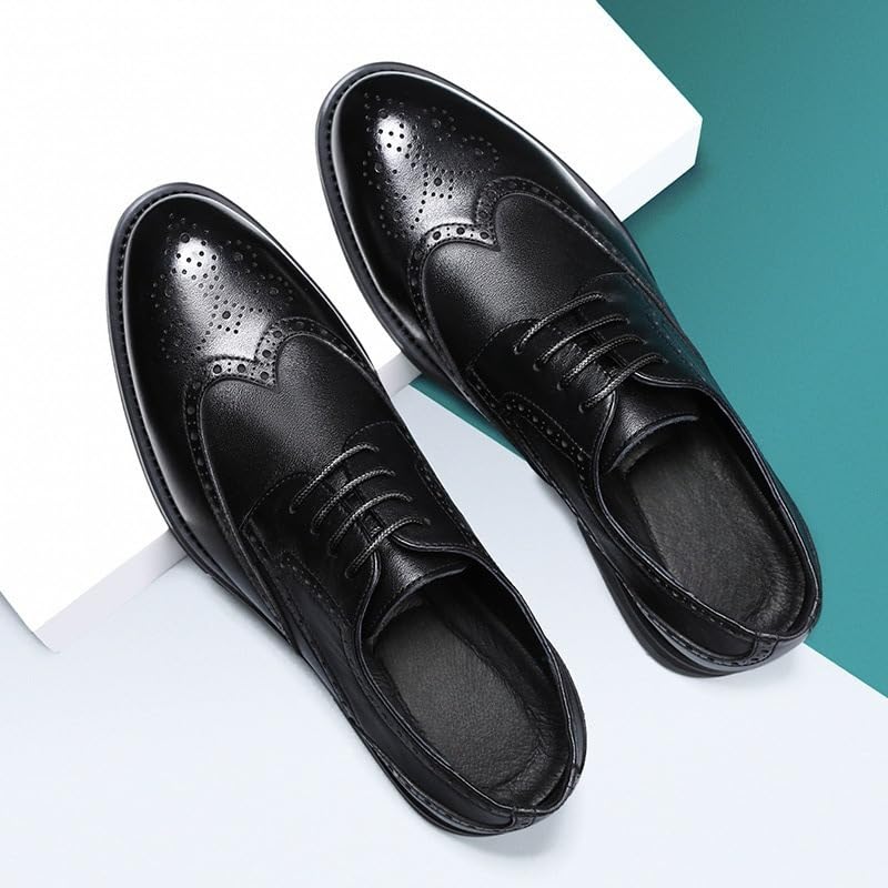 Dress Oxford Shoes for Men Lace Up Round Burnished Toe Brogue Embossed Wing tip Vegan Leather Low Top Non Slip Resistant Block Heel Rubber Sole2