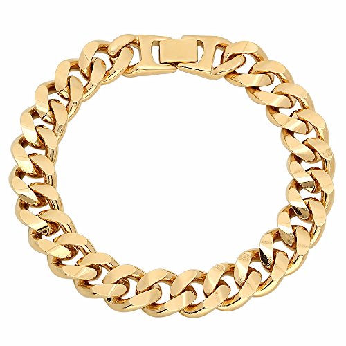 Men's 12.4Mm 14K Yellow Gold Plated Beveled Curb Chain Link Bracelet, 8 Inches #TOP13
