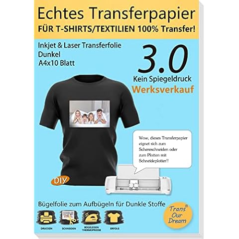 TransOurDream Echte Inkjet/Laser Transferfolie,Bügelfolie für Dunkle Textilien,DIN A4X10 Blatt,T-Shirt Papier für Laserdrucker/Tintenstrahldrucker für dunkle T-Shirts(3-3.0-10) Cover