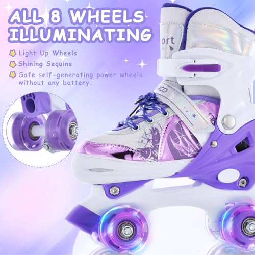 TOMSHOO Roller Skates for Girls Boys Kids Roller Skates 4 Sizes Adjustable Quad Skates With Light Up Wheels Roller Boots for Indoor Outdoor Birthday Gift (Purple, Medium(UK 1-3))) - Image 2