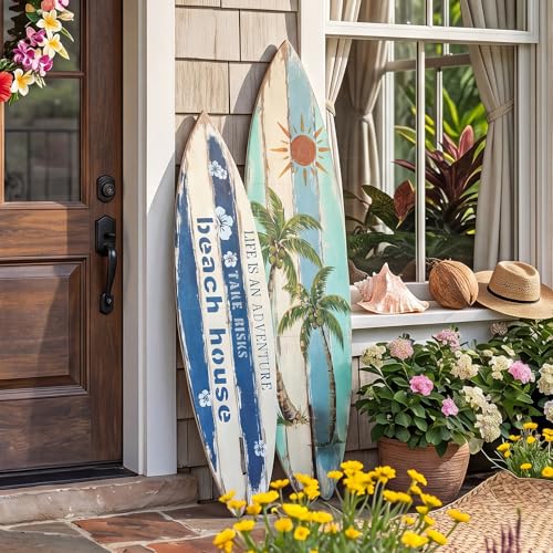 Yerliker 2 Pcs Large Vintage Wooden Surfboard Porch Signs Summer Farmhouse Outdoor Decorations Coastal-style Summer Surfboard Party Supplies for Front Door Indoor Outdoor Yard Garden Decor