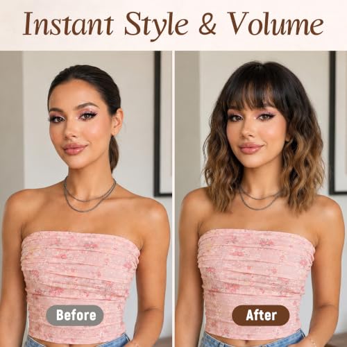 Image of Nnzes Short Wavy Wig with Bangs for Women Shoulder Length Bob Curly Women's Charming Synthetic Wigs with Natural Wavy Black To Brown Heat Resistant Hair for Daily Party Use