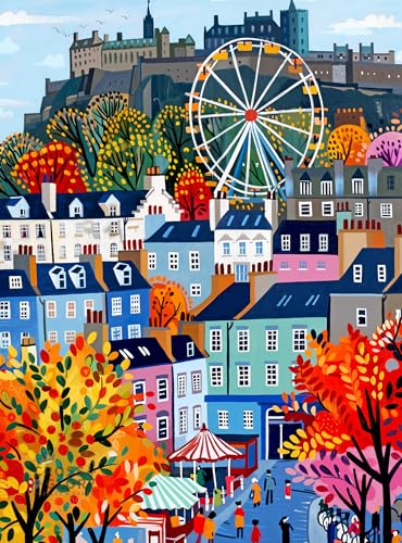 Cross & Glory – Castle & Carousel – 1000 Piece Jigsaw Puzzle for Adults | Colorful Edinburgh Folk Art Puzzle | Bright Scottish City Artwork | Premium Ribbon-Cut Puzzle with Satin Finish