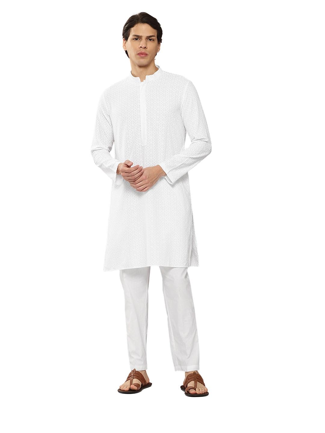 Men's Long Sleeve Embroidered Chikankari Rayon Straight Kurta With Pyjama-image-28