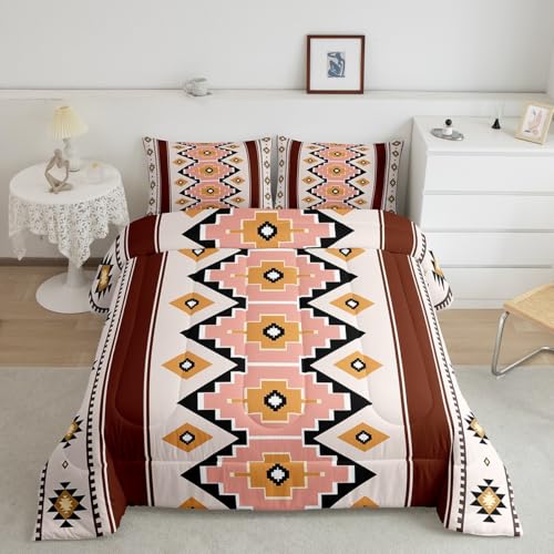 Image of Feelyou Boho Aztec Kids Comforter Set Queen Size West Bedding Set Wheat Brown Duvet Quilt for Kids Boys Girls Bedroom Western Decor Microfiber Ultra Soft Breathable