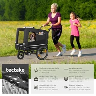 tectake® Carrello per Cani WoofRider, Multifunzionale con Bandierina di Segnalazione, Trasportino da Bicicletta, Jogger per Cani con Struttura Richiudibile, Inserti Mesh Traspiranti - Nero