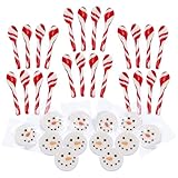 4E's Novelty Snowman Marshmmallow Toppers and Peppermint Spoons (24pc of Each) Candy Canes Spoons and Sugar Coated Snowman Face Marshmallows for Christmas Hot Chocolate Bar Supplies, Hot Cocoa Toppers Decorations