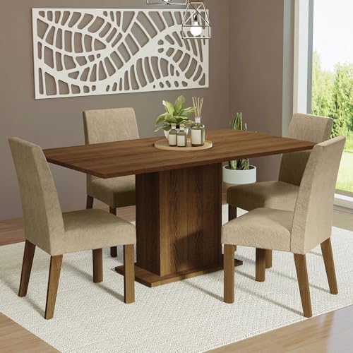 Image of Madesa 4 Seater Dining Set with Fully Cushioned Rectangular Table Top, Sturdy Wooden 160 Cm for Dining Room and Kitchen - Brown /Beige