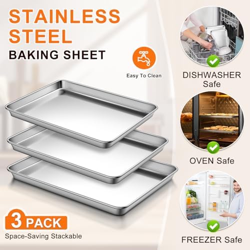 Baking Sheet Set of 3, Commercial Grade Stainless Steel Cookie Sheets for Baking, 12/16/17.5 Inch, Thicker and Firmer Baking Pans Set, Rust & Warp Resistant & Nonstick, Nontoxic&Heavy Duty&Easy Clean - Thumbnail 5