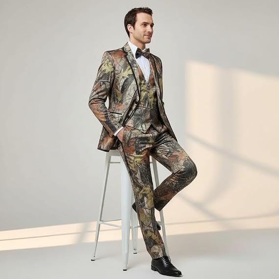 HBDesign Mens 3 Piece 2 Button Flat Collar Camouflage Suits