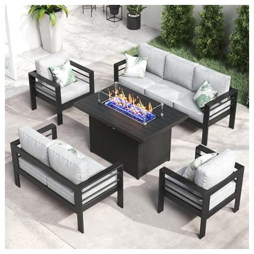 LayinSun Aluminum Furniture Set with Fire Pit Table, 5 Pieces Patio Sectional Conversation Chat Sofa Modern Seating Set