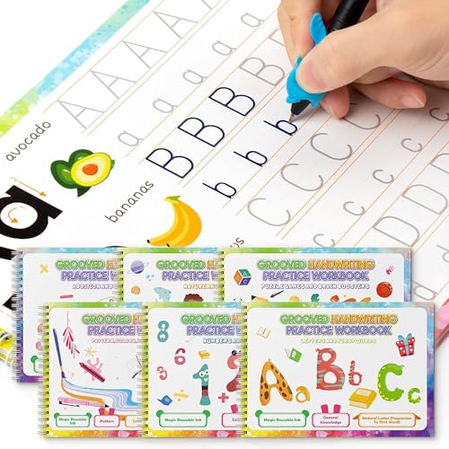 QianShouYan Magic Grooved Writing Practice Books, Grooved Handwriting Practice for Kids 3+, Preschool Learning Activities (6 Books with Pens)