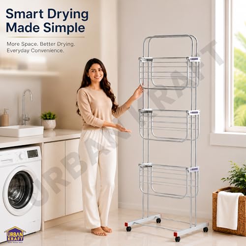 Image of URBAN KRAFT 3 Tier Foldable Cloth Drying Stand | Heavy Duty Rack for Drying Clothes | Full Stainless Steel Cloth Dryer Stand with Wheels - 6 Folding Wings, Easy to Assemble