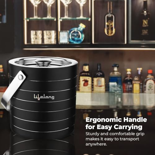 Image of Lifelong 1.5L Stainless Steel Double Walled Ice Bucket with Tong & Lid| Ice Box for Home, Bar, Parties & Gifting| Black Ring Design| Rustproof Ice Container with Handle for Whiskey, Cocktails & Drinks