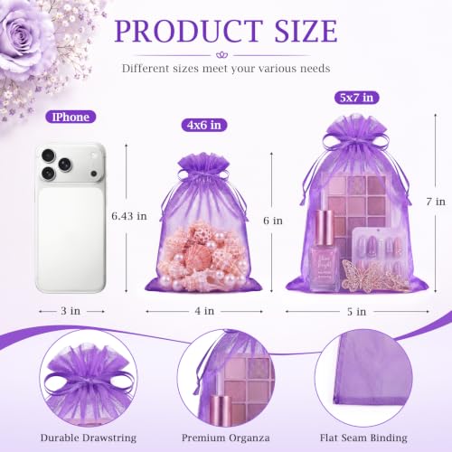 Image of FUNFERY 100PCS Purple Organza Gift Bags 5x7in,Drawstring Pouch for Jewelry