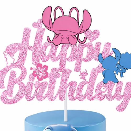 Sparkly Pink Glitter Happy Birthday Cake Topper Lilo and Her Blue Friend Inspired Design Girls Birthday Party Decoration