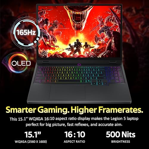 Image of Lenovo Legion 5 15.1 inch OLED WQXGA 165Hz Gaming Laptop, Intel Ultra 9 275HX, GeForce RTX 5070 8GB GDDR7, 32GB DDR5, 2TB Storage (1TB SSD+1TB Docking Station), Backlit Keyboard, Wi-Fi 7, Win 11, Black