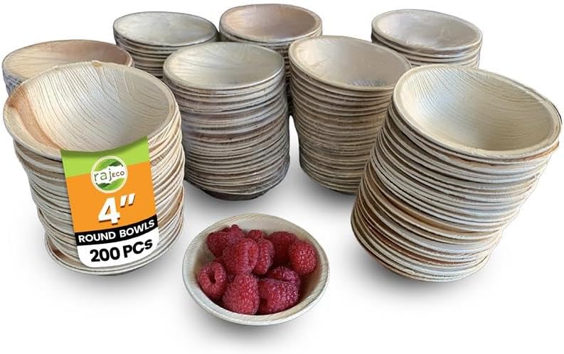 Raj Disposable Palm Leaf Bulk Bowls (200 Count, 4" Bowls) Strong Bowl Like Bamboo Party Bowl - Decorative Compostable Tableware for Lunch, Dinner, Birthday, Outdoor, BBQ, Picnic, Parties