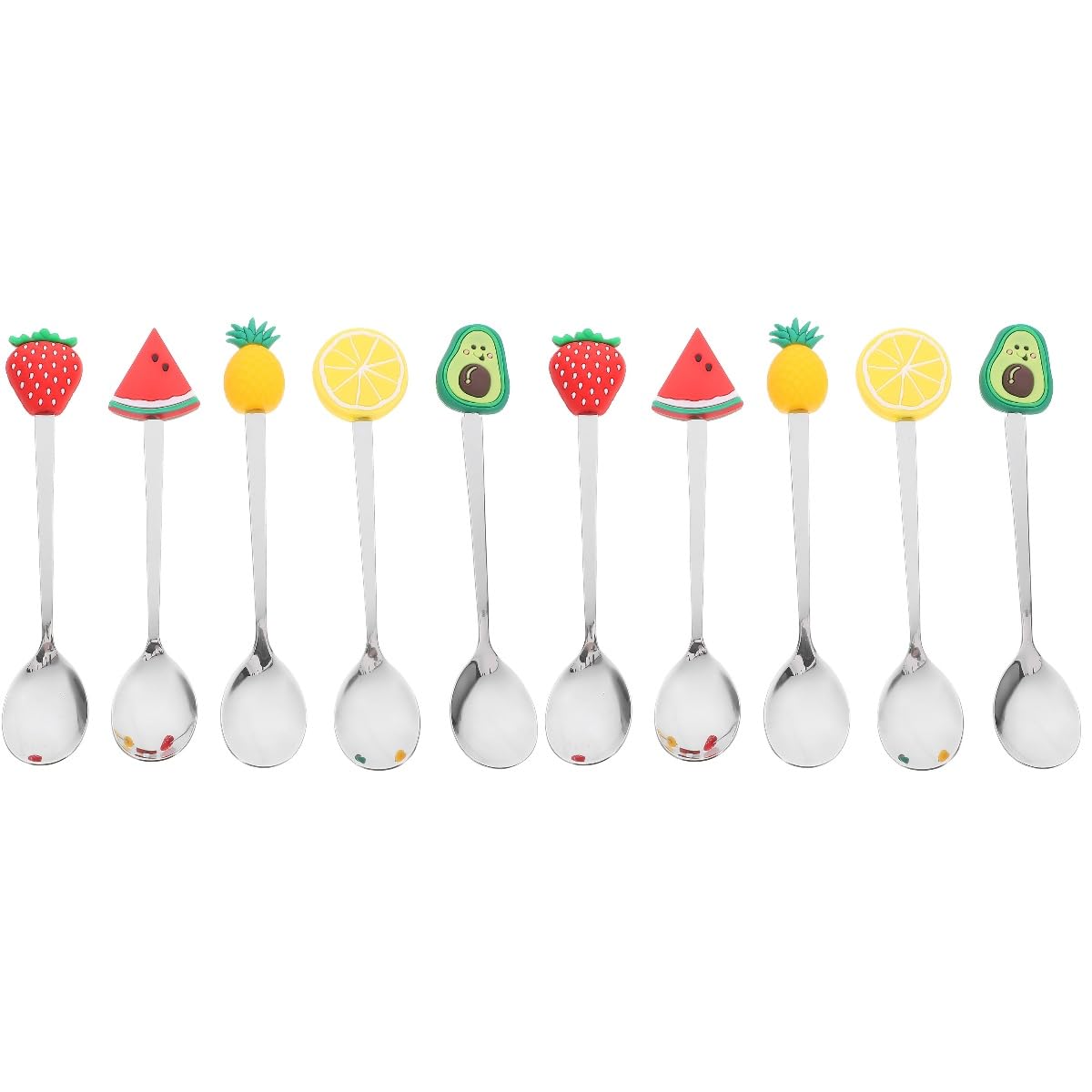 LOGOFUN 10 pcs Stainless Steel Fruit Spoon Cartoon Food Spoons with Silicone Fruit Topper Adorable Salad Serving Spoon for Festival Party Dinning Table Decor