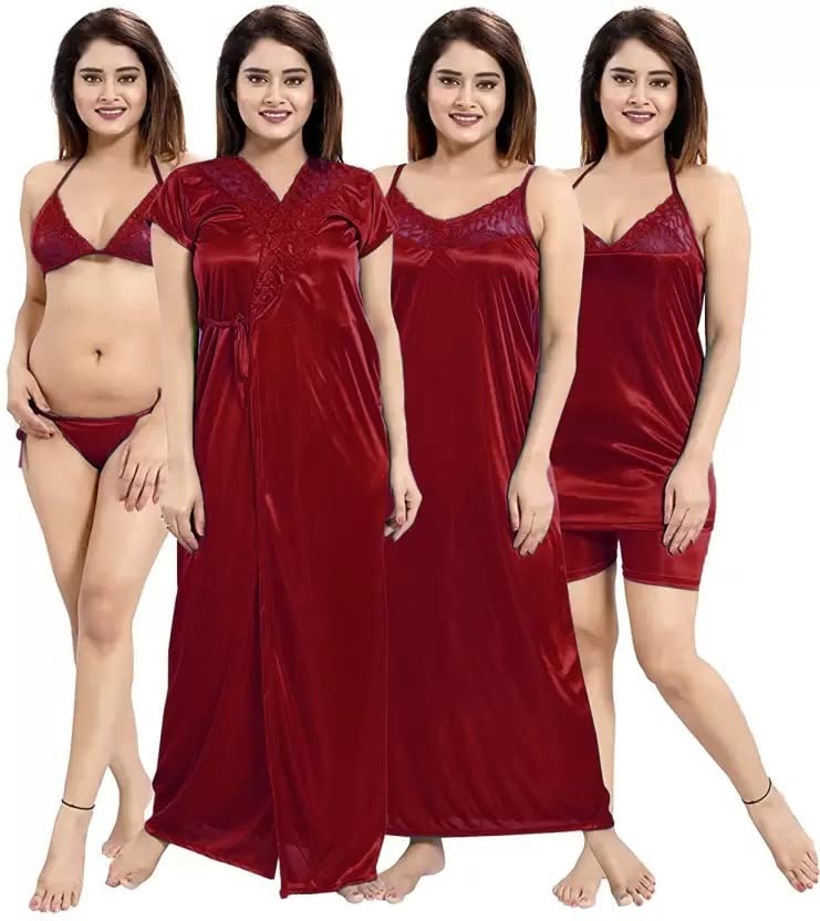 Women Night Dress Satin Multicolor Pack of 1 Accesories with 6 PCS