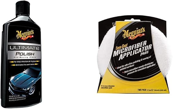 Meguiar's G19216EU Ultimate Car Polish Pre-Waxing Glaze 473ml & X3080EU Even Coat 5 Inch Microfibre Applicator Pads 2 Pack for Hand Applying Compounds, Polishes and Leather Cleaners